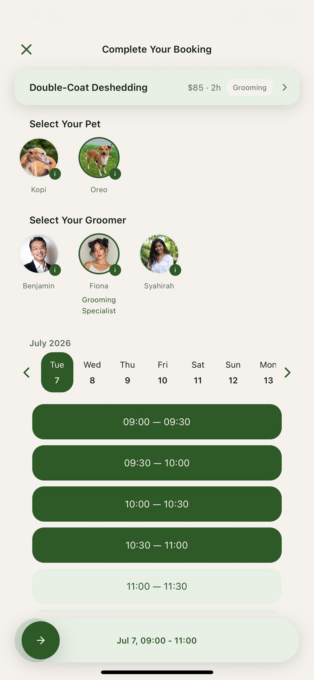 Booking flow: select pet, groomer, and time slot