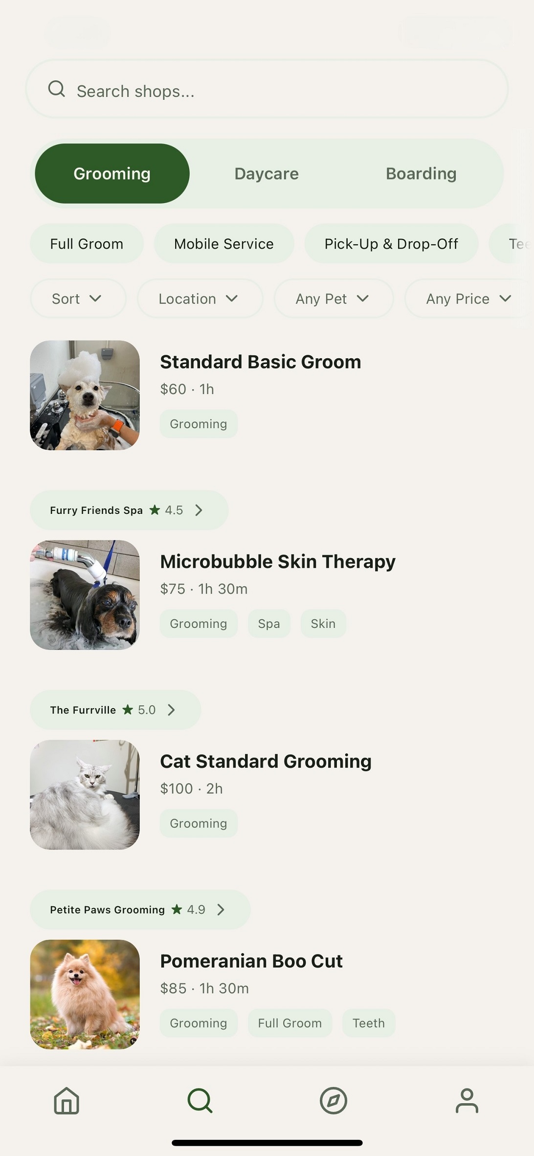 Search results with filters for grooming, daycare, boarding